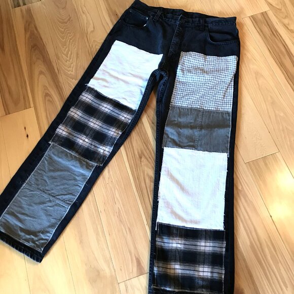 Men’s Big Patch Hippie Pants, 36x32: Grunge Patchwork Jeans, Campus Streetwear - Picture 6 of 11